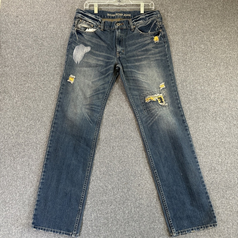 Rough Rider Jeans Mens 34 Distressed Denim Vintage Y2K Straight Leg Blue Vintage